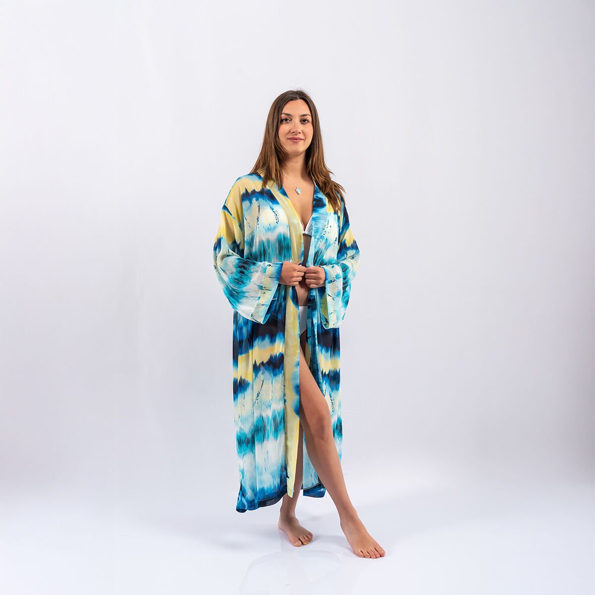 Şifon Mavi Uzun Kol Pareo